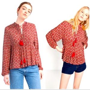 Zara Paisley Tassel Trim Boho Peasant Blouse Large